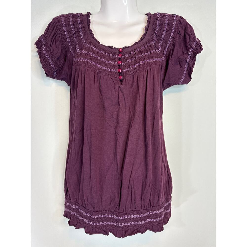 Little Yellow Button Purple Smocked Cotton & Modal‎ Short Sleeve Blouse Size S